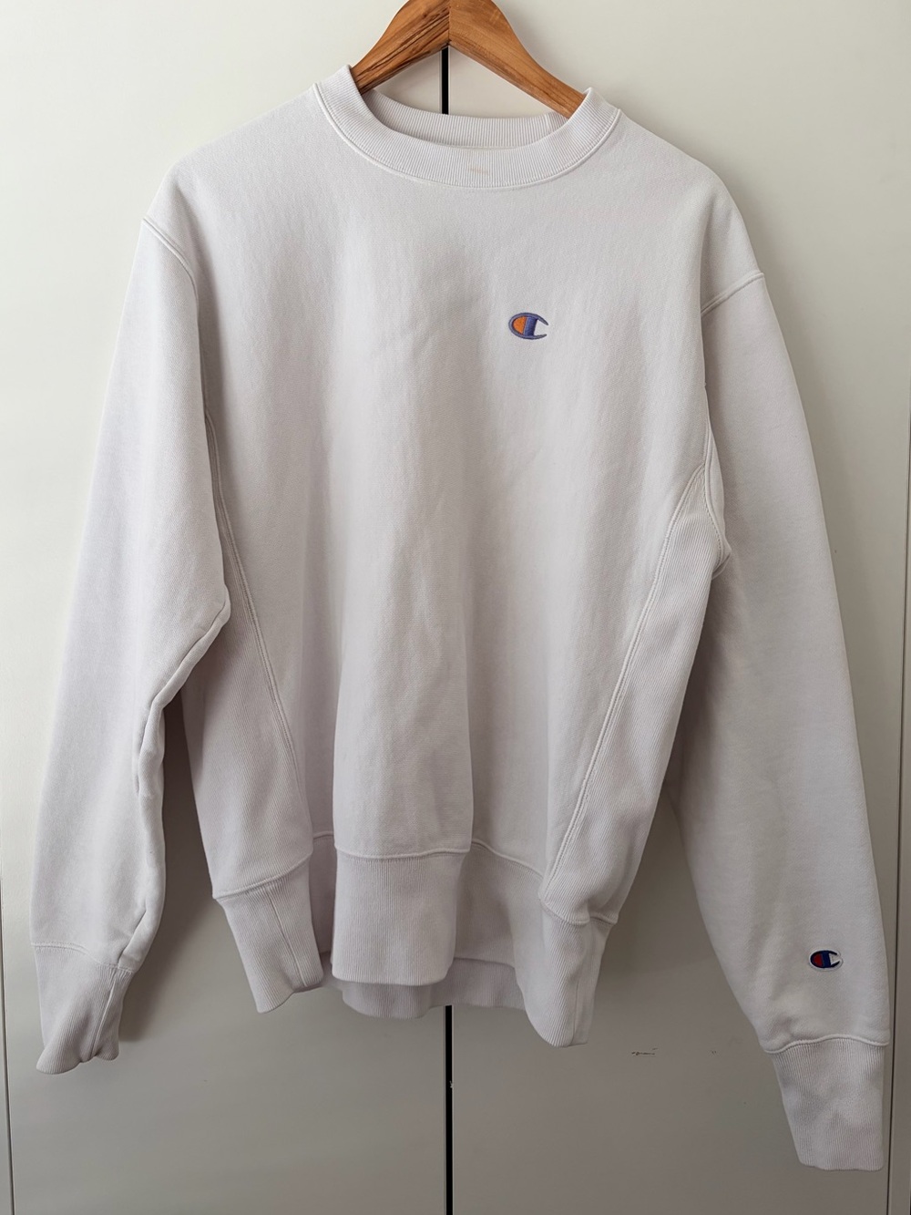 Champion White Crewneck Sweatshirt with Small Embroidered Logo